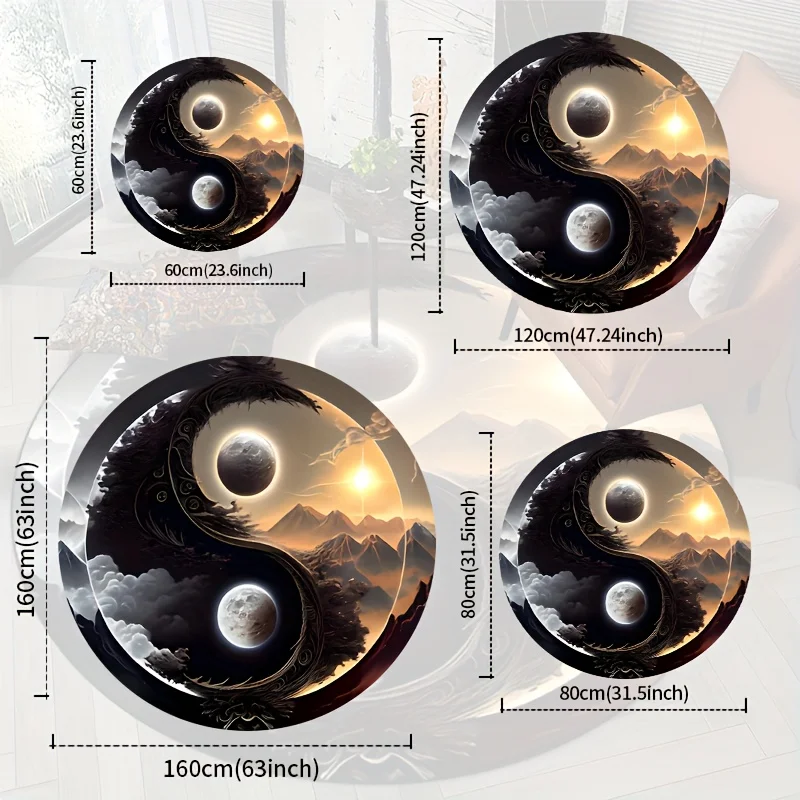 Yin Yang Sun Moon Mountain Rug Round Flannel Balance Harmony Nature Scene Floor Mat for Zen Meditation Space Spiritual Decor - view 3