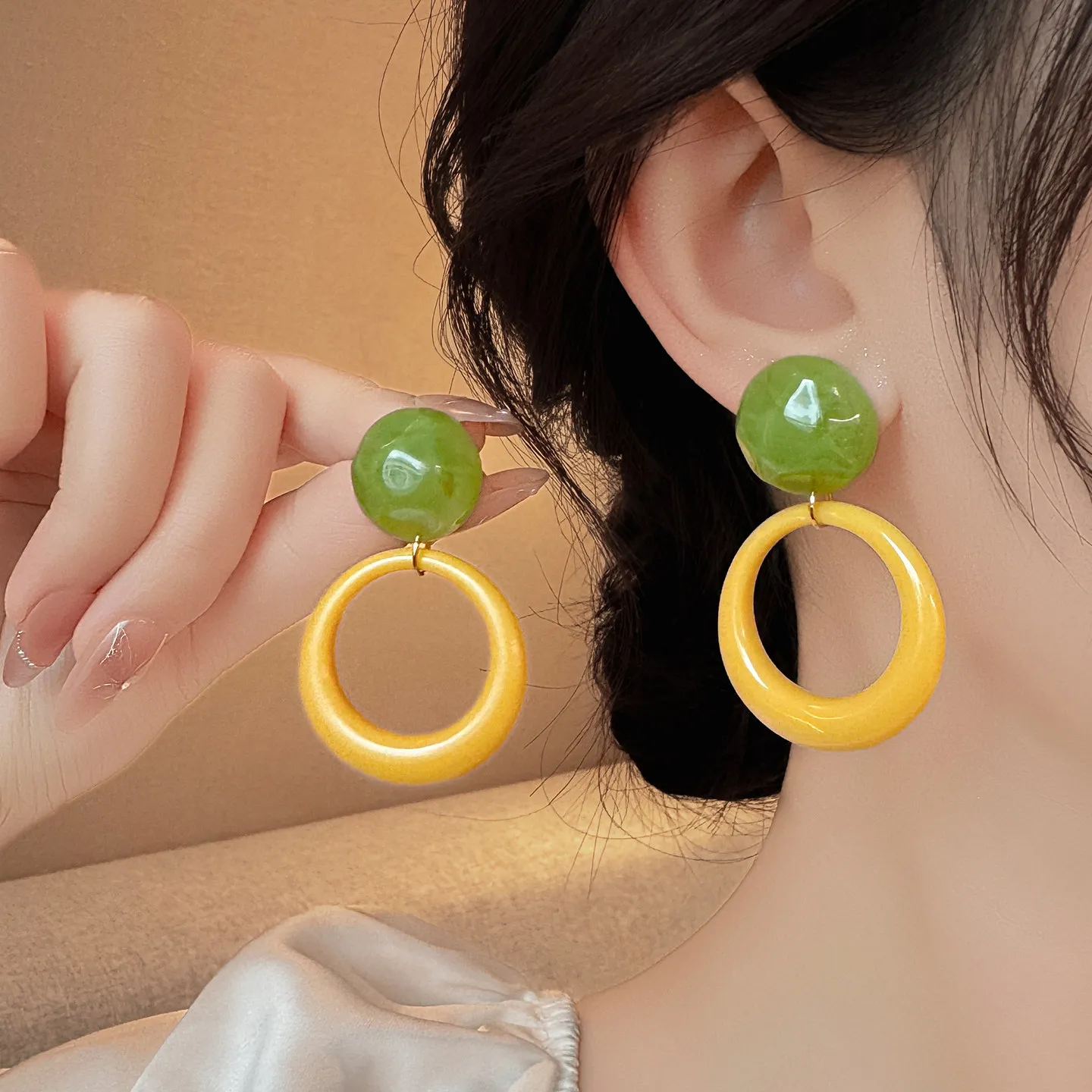 Hong Kong Style Geometric Yellow Ring Earrings For Women Trendy Collision Colors Ears Accessories Jewelry Gift Party Casual Wear