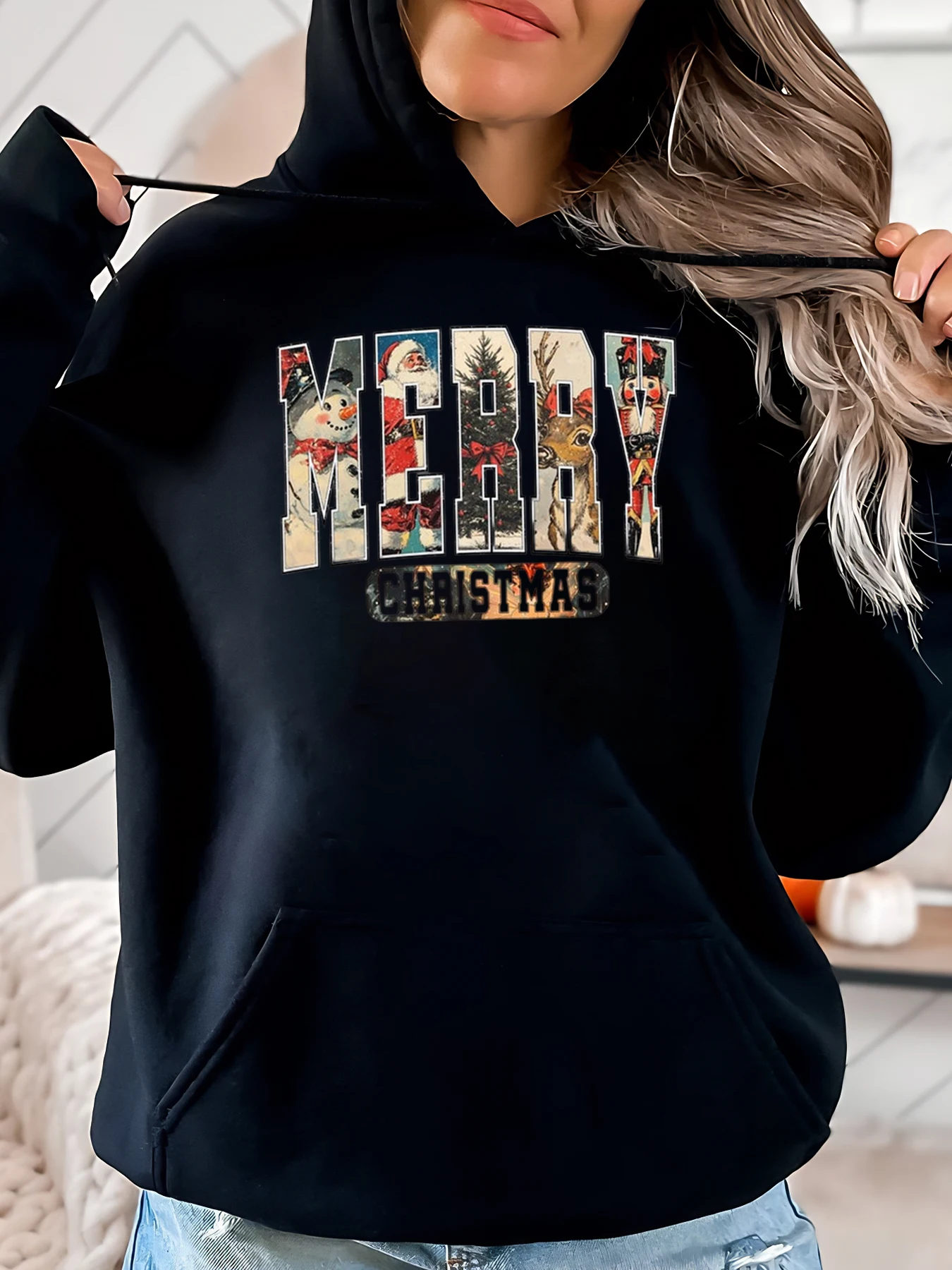 

Толстовка с принтом «С Рождеством», женская праздничная повседневная одежда, черная, больших размеров