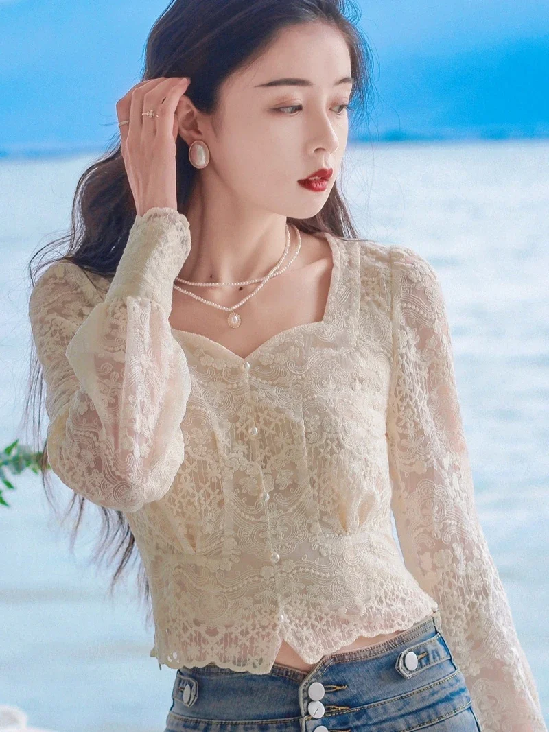 2023 Spring Fall Women Vintage Lantern Full Sleeve Beige Lace Top Blouse , Woman Clothes Pears Button Tops Shirt Blouses