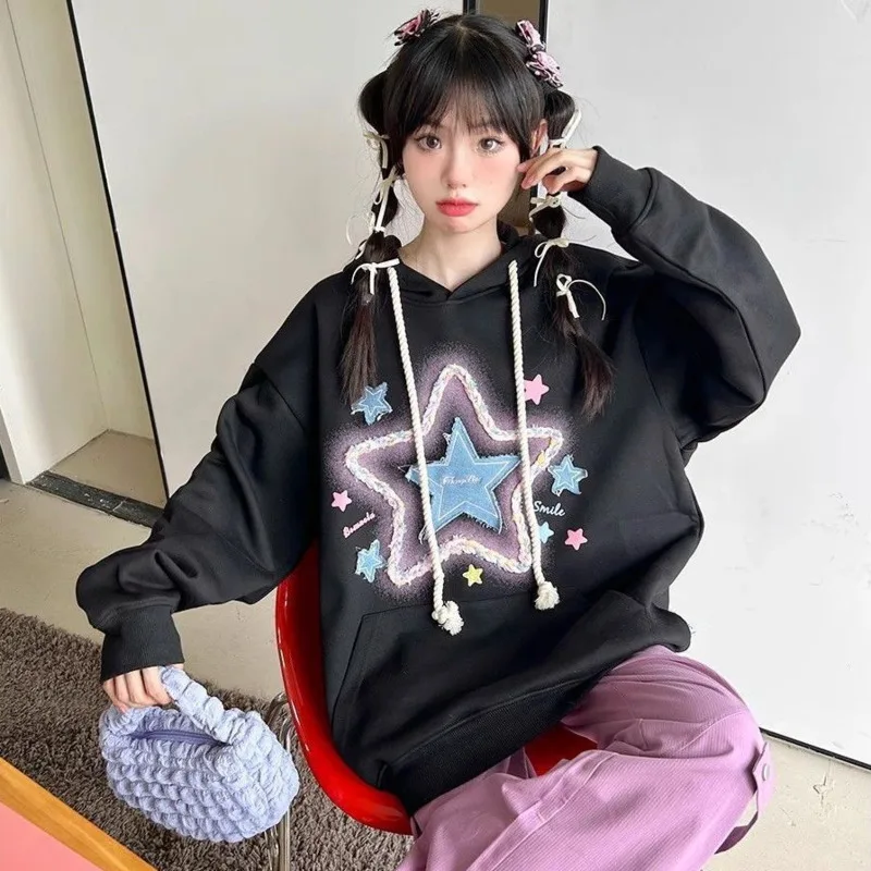 Starlight Demin Patchwork Hoodies Oversized Women Vintage Sweatshirt Y2K Streetwear Harajuku Hip Hop Punk Fashion Pullover Tops