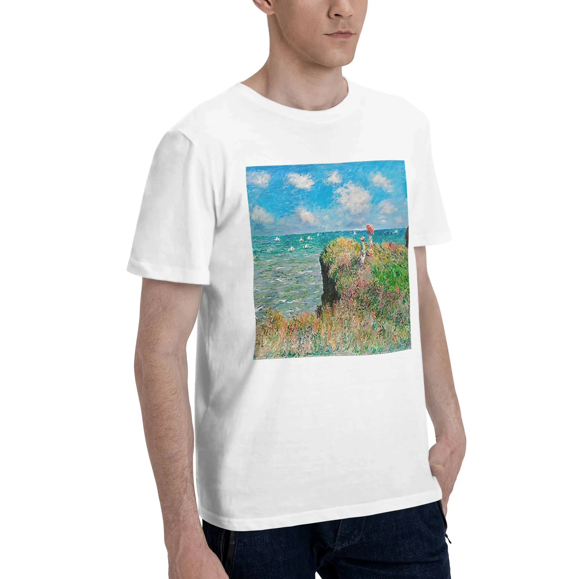 

1882-Клод Моне-Клиф Walk at Pourville Мужская футболка Негабаритные футболки Мужские хлопковые футболки с круглым вырезом Короткие летние мужские
