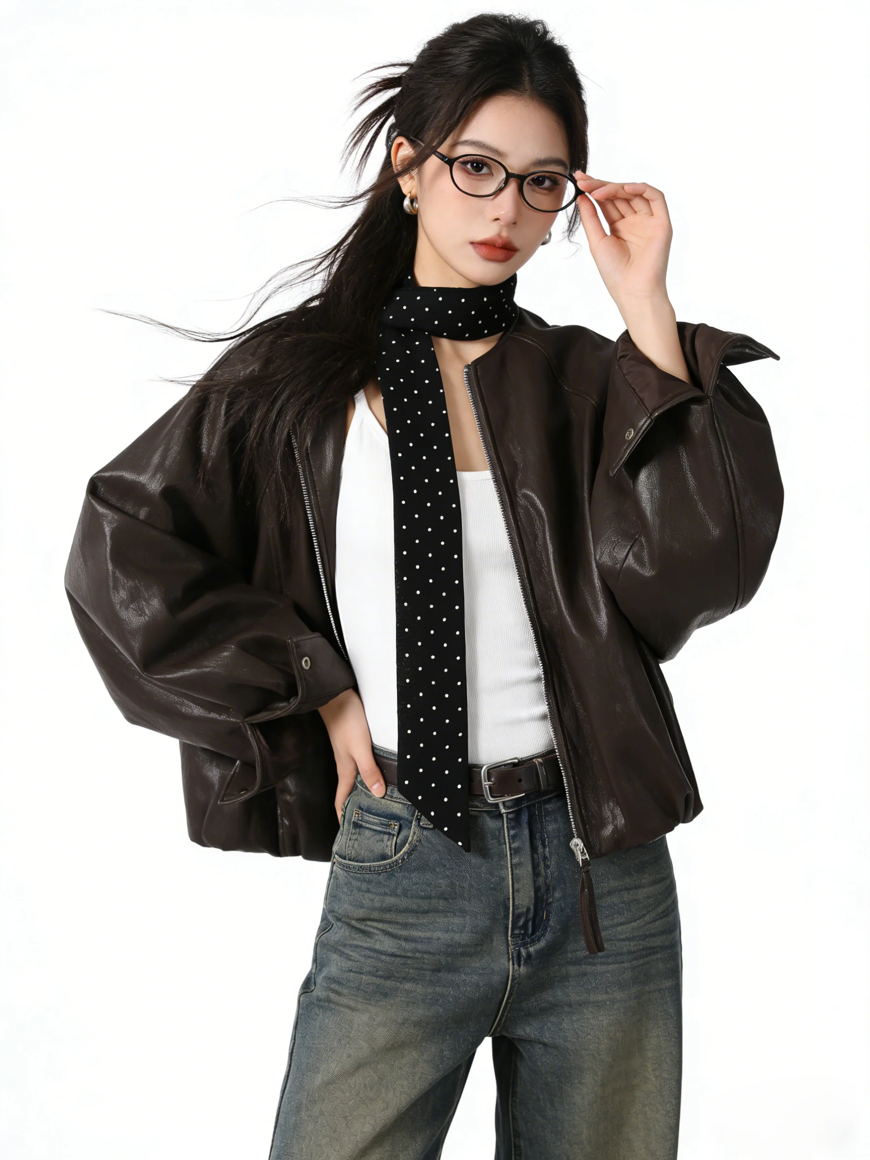 

Элегантная куртка из искусственной кожи с поясом в горошек, в мотоциклетном стиле, весенняя модная приталенная верхняя одежда для города, свободного кроя, на молнии