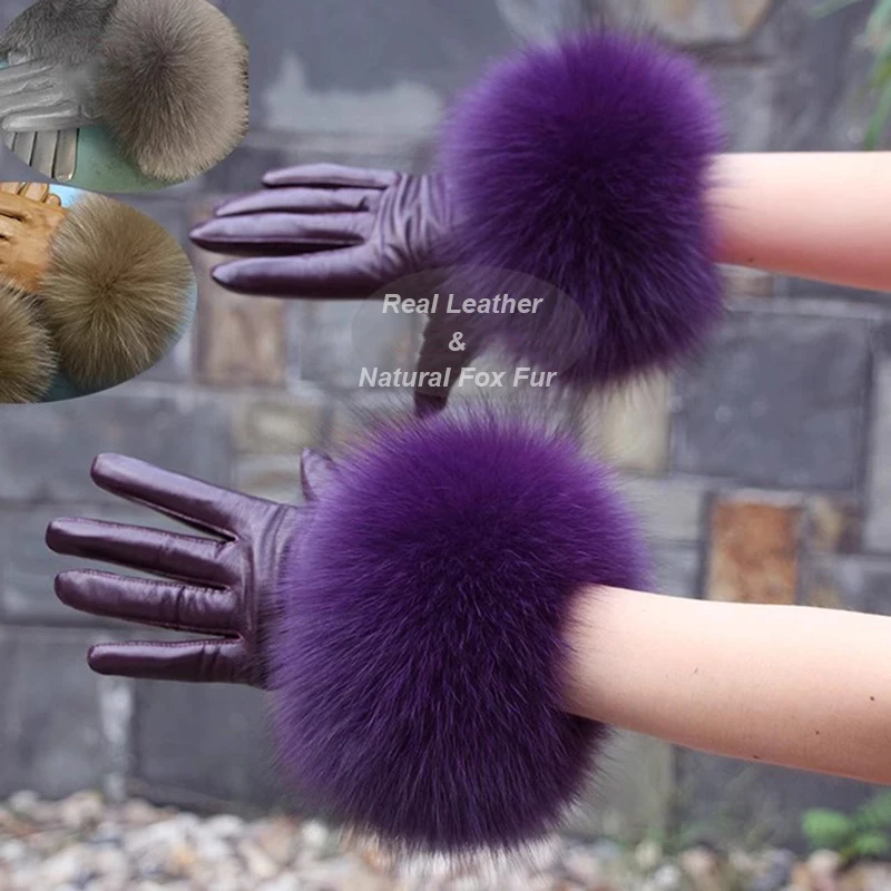

High Quality Genuine Leather Natural Big Fox Fur Women Gloves Real Sheepskin Windproof and warm Ladies Lambskin Gloves