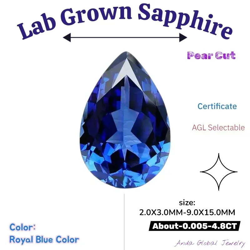 

S-S-Lab Grown Sapphire Pear Cut Royal Blue Color AAA+Clarity Gems for Jewelry Setting&Custom Design Selectable Certificate