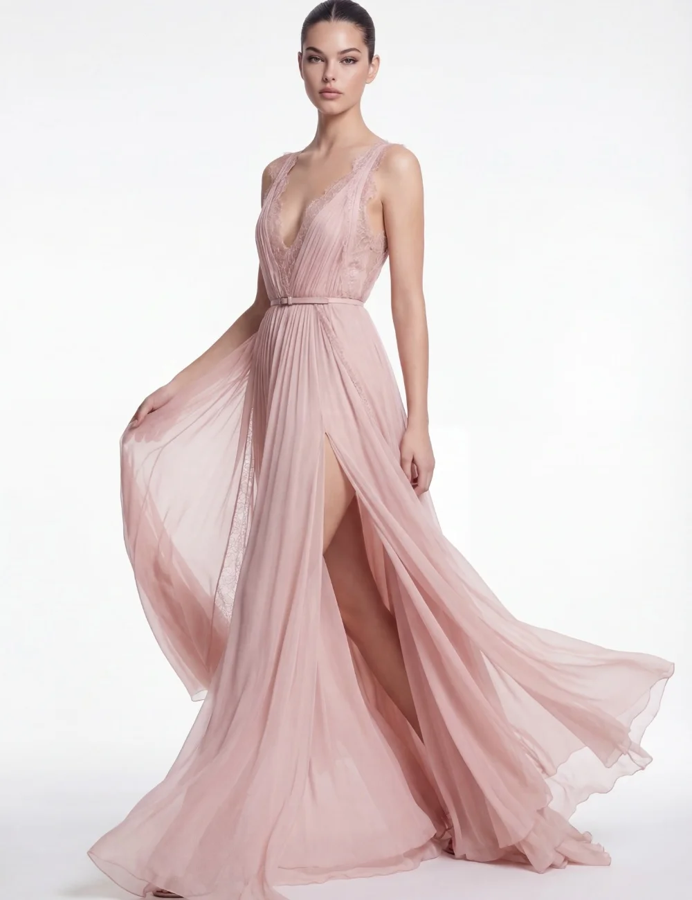 

Customized Sexy High Quality Chiffon Pink Lace Sash A-line V-neck Floor-Length Evening Dresses Sizes Available For Wedding Party