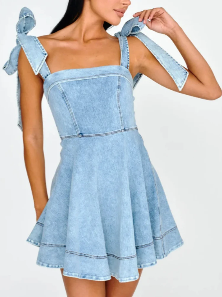 

2024 Fashion Temperament Sexy Denim Dress High Waist Slim Lace-up Suspender Dresses Commuting Solid Color Summer Dress for Women