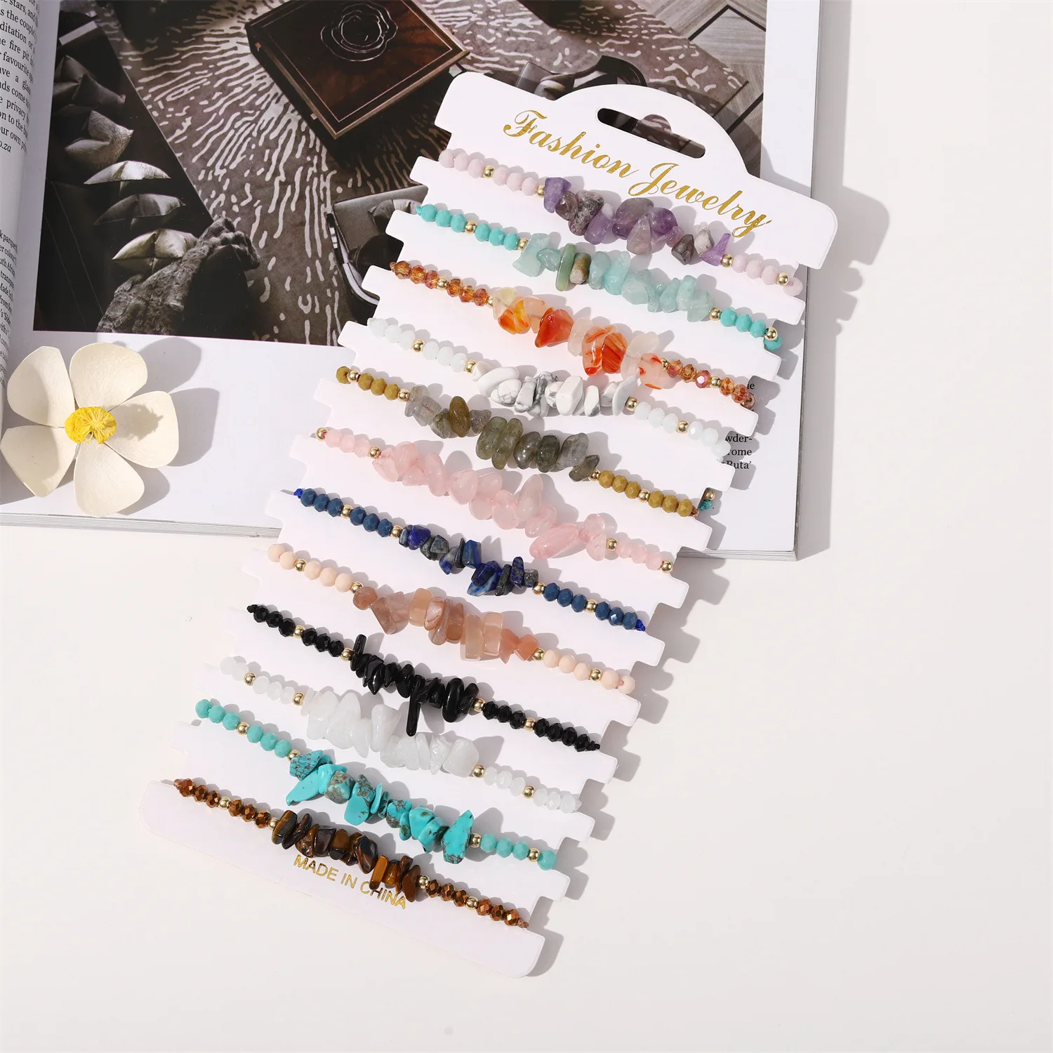 12pcs Hand-woven Natural Stone Beads Bracelet Adjustable Irregular Crystal Gravel Beads Bracelet Hand Chain Charm Jewelry Gift