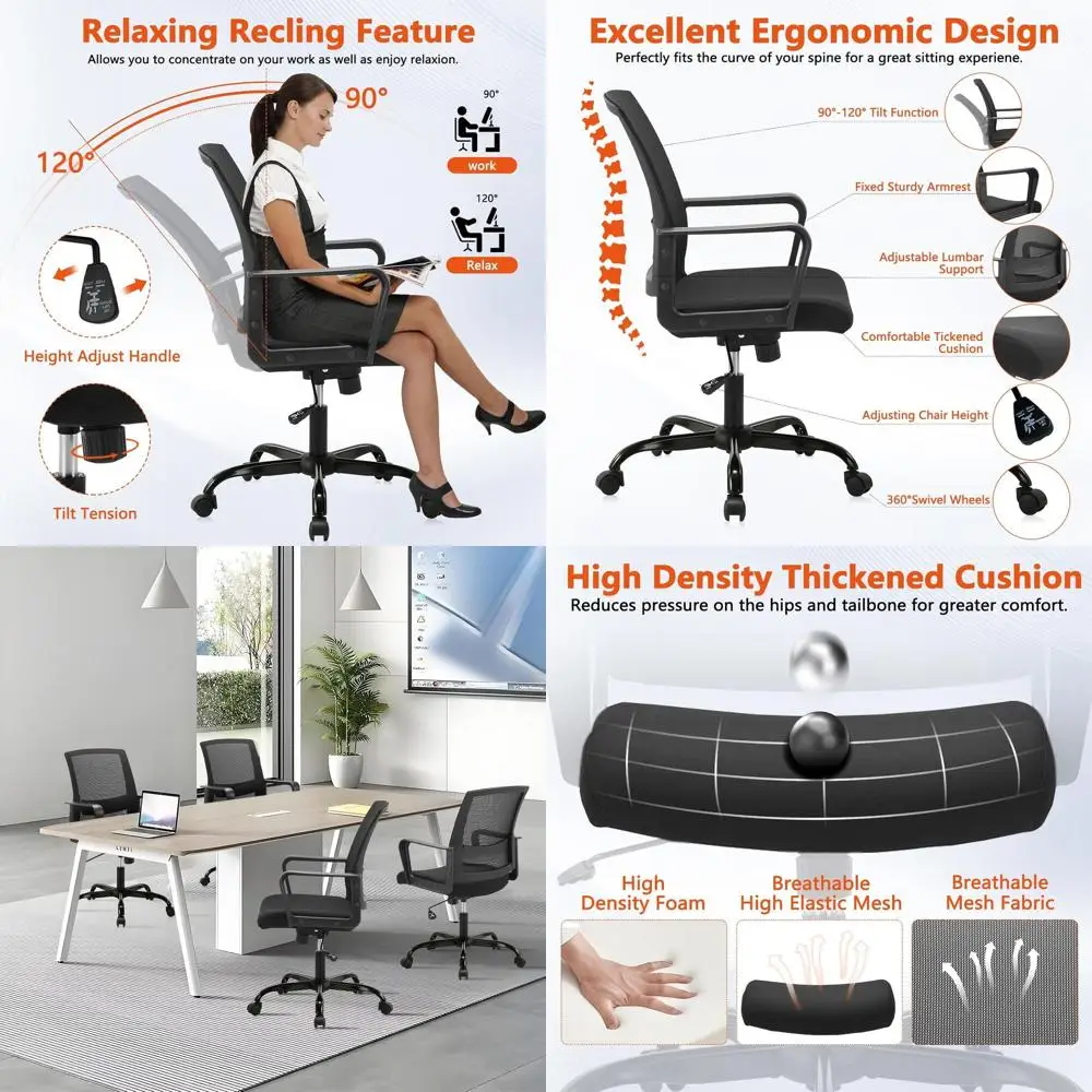 

Эргономичное сетчатое поворотное кресло с регулировкой высоты и поясничной опорой для домашнего офиса и конференций, черное