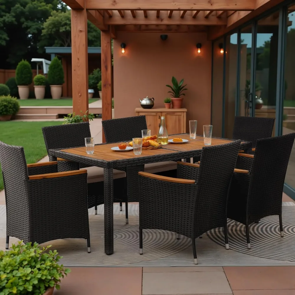 7 piece outdoor patio dining set, conversation set, 1 table and 6 rattan chairs, curved acacia wood armrests and cushions, black image 3