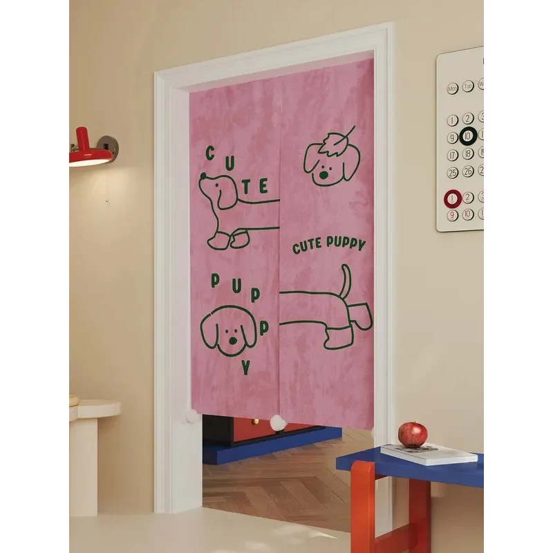 VIKAMA Cute Dachshund Noren Door Curtain Cartoon Puppy Line Art Letter Print Light Blue Fabric Home Partition Decor