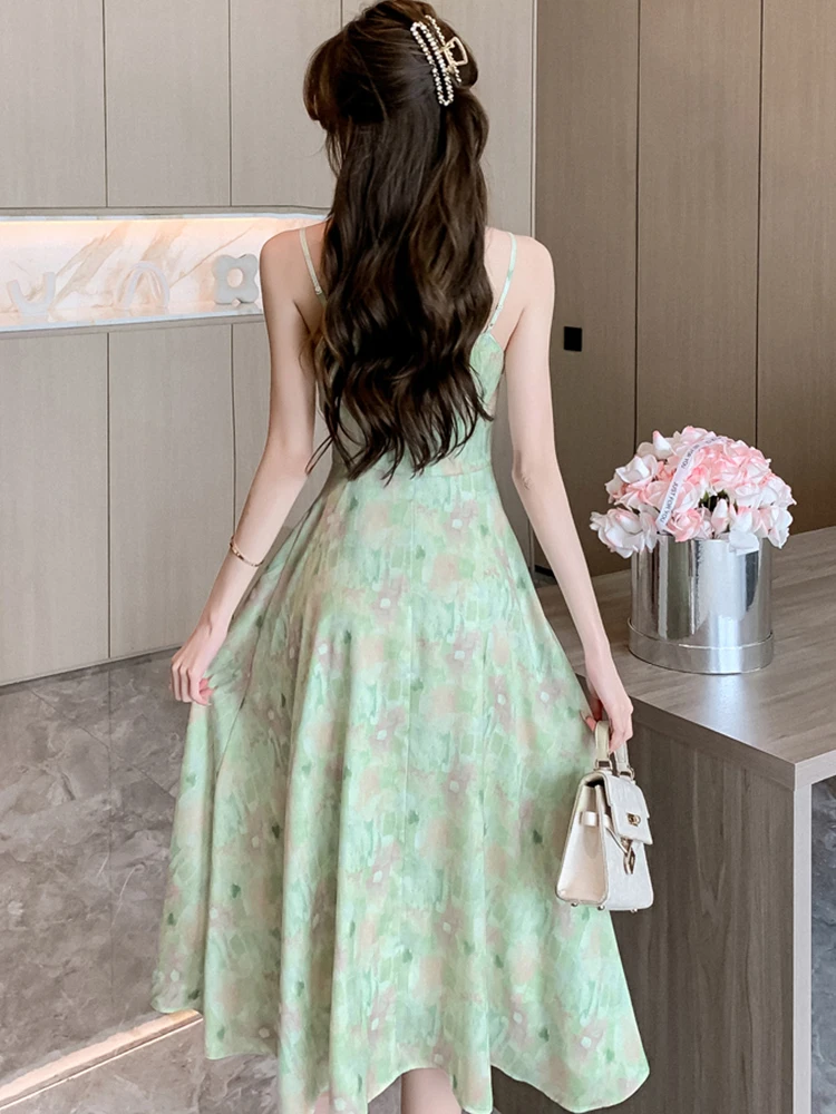 Women Green Floral Casual Beach Sundress Summer Fashion Elegant Sling Sexy Long Dress 2024 New Korean Luxury Dance Party Dress