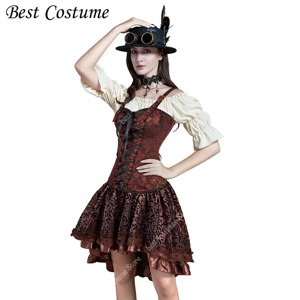 Pirate Corset Dress Three Piece Sets Black Gothic Corset Top Lace Up Sexy Steampunk Costume Skirt Corset Plus Size S-6Xl