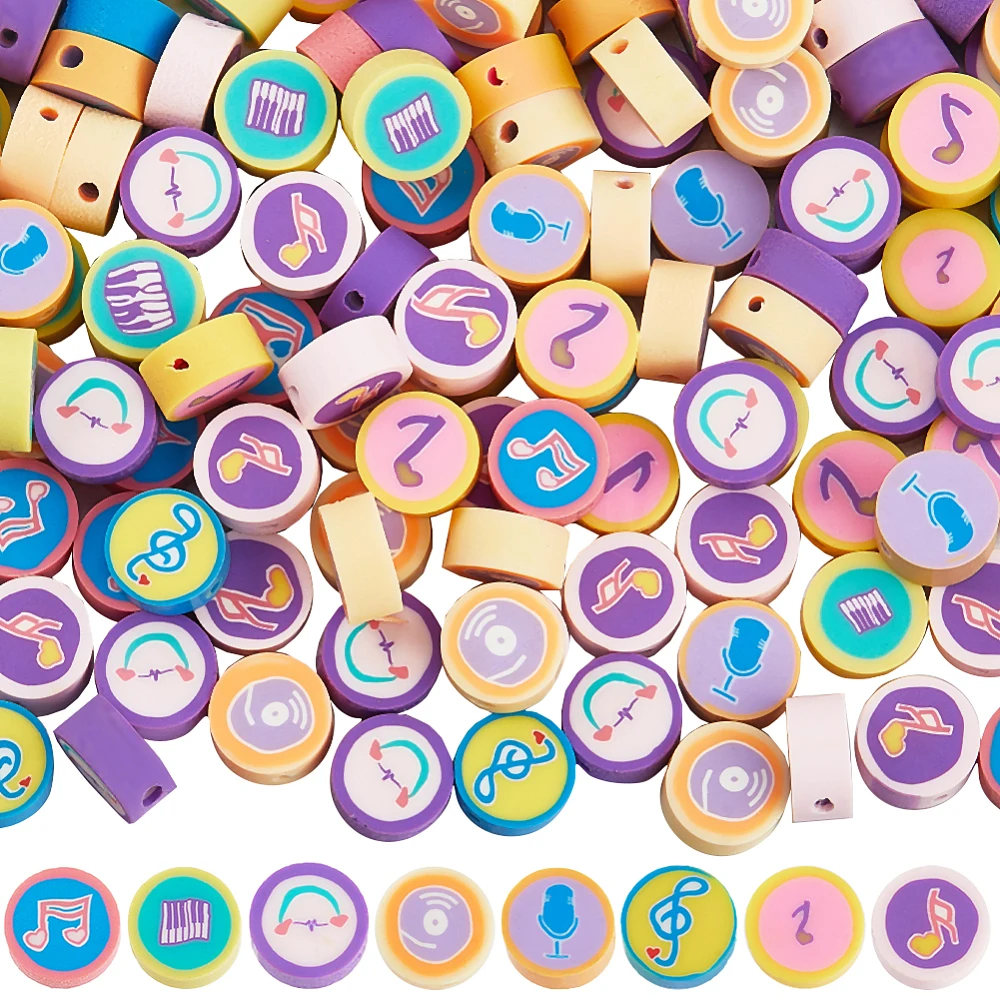 1 Box 200Pcs Music Theme Beads Musical Note Bead Bulk Colorful Polymer Clay Flat Round Random Arts for Jewelry Making Bracelets