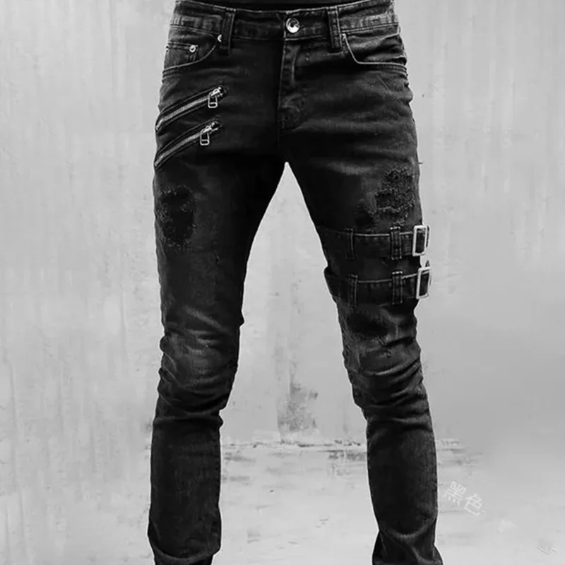 Jeans longo de motocicleta masculino, design de personalidade, perna pequena apertada, calça masculina, nova para primavera e outono