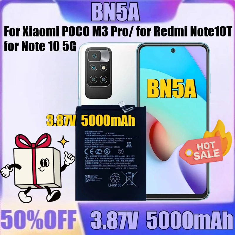

New BN5A 3.87V 5000mAh High quality Battery for Xiaomi POCO M3 Pro/ for Redmi Note10T for Note 10 5G BN5A Battery