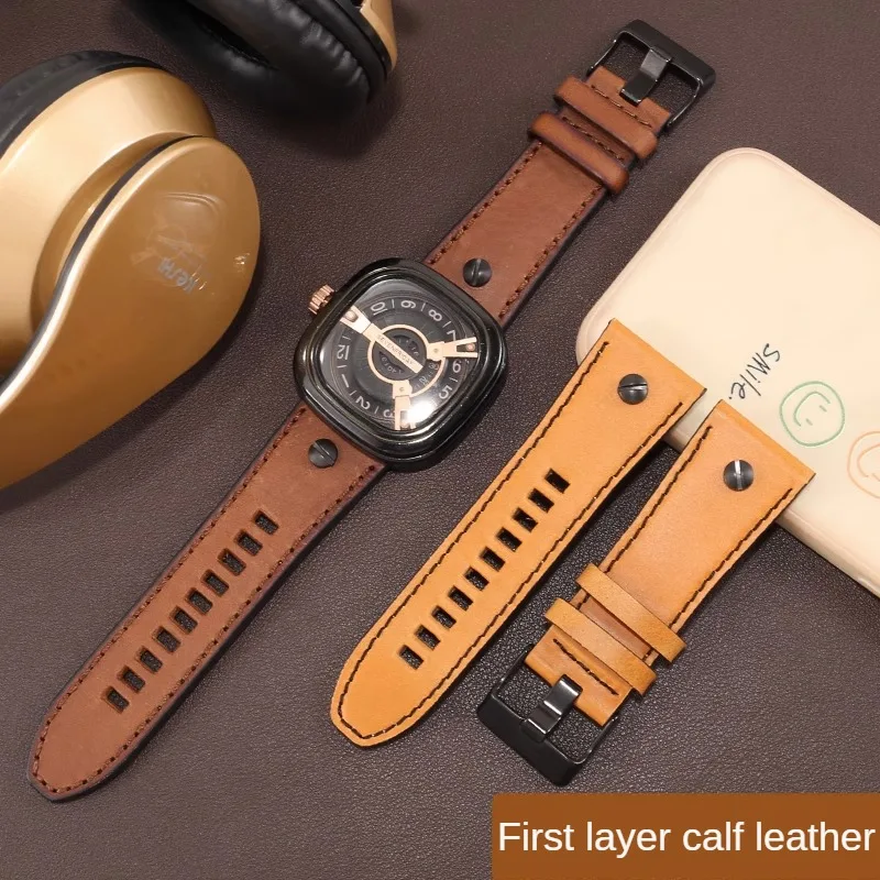 

Matte Vintage Genuine Leather Watch Strap Substitute P2/PS1/M2/Q2 Series Flat Straight Interface Cowhide Watchband 28mm