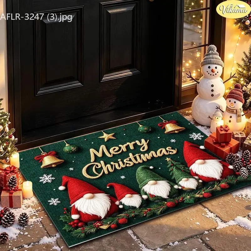 VIKAMA Wood Gnome Merry Christmas Entryway Rug Non Slip Low Profile Mats for Outside Front Door Xmas Winter Decor Soft