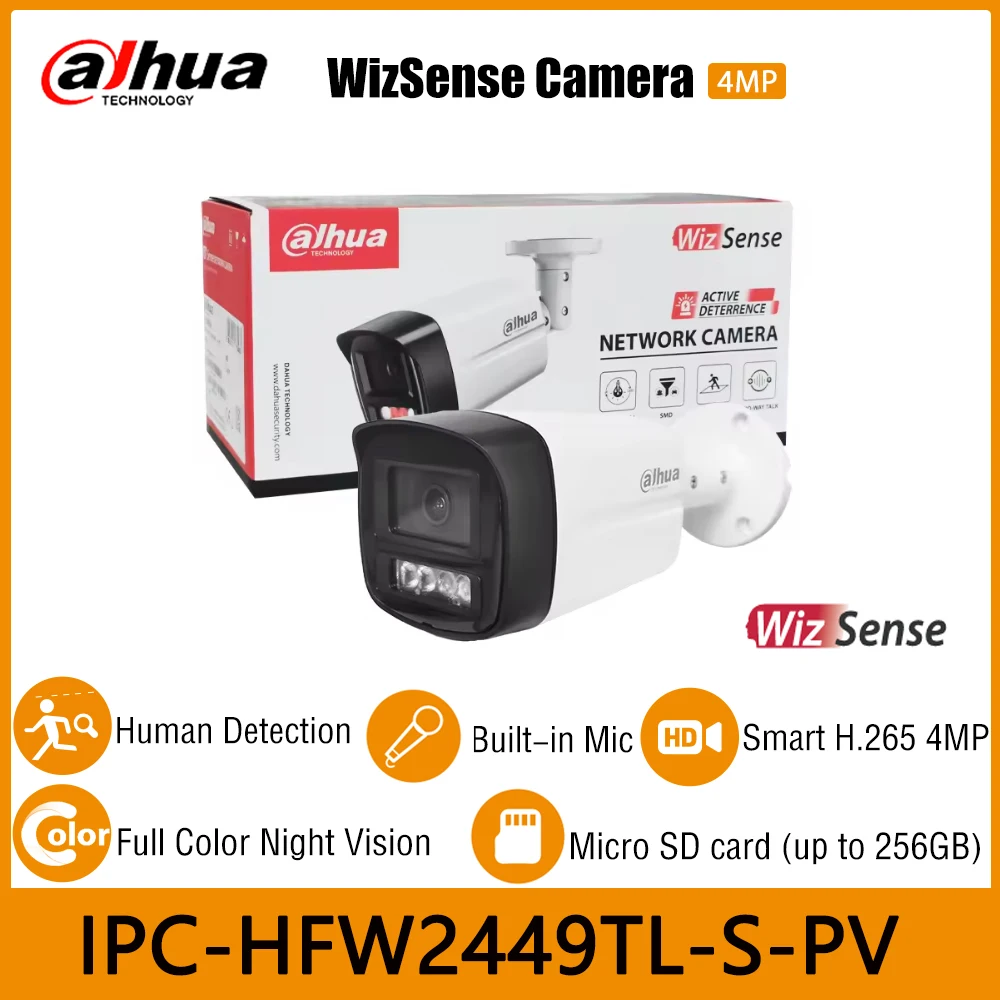 Dahua IPC-HFW2449TL-S-PV 4MP Full Color IP Camera Outdoor Smart Sound Light Alarm Two-way Talk PoE SMD Bullet WizSense AI Camera