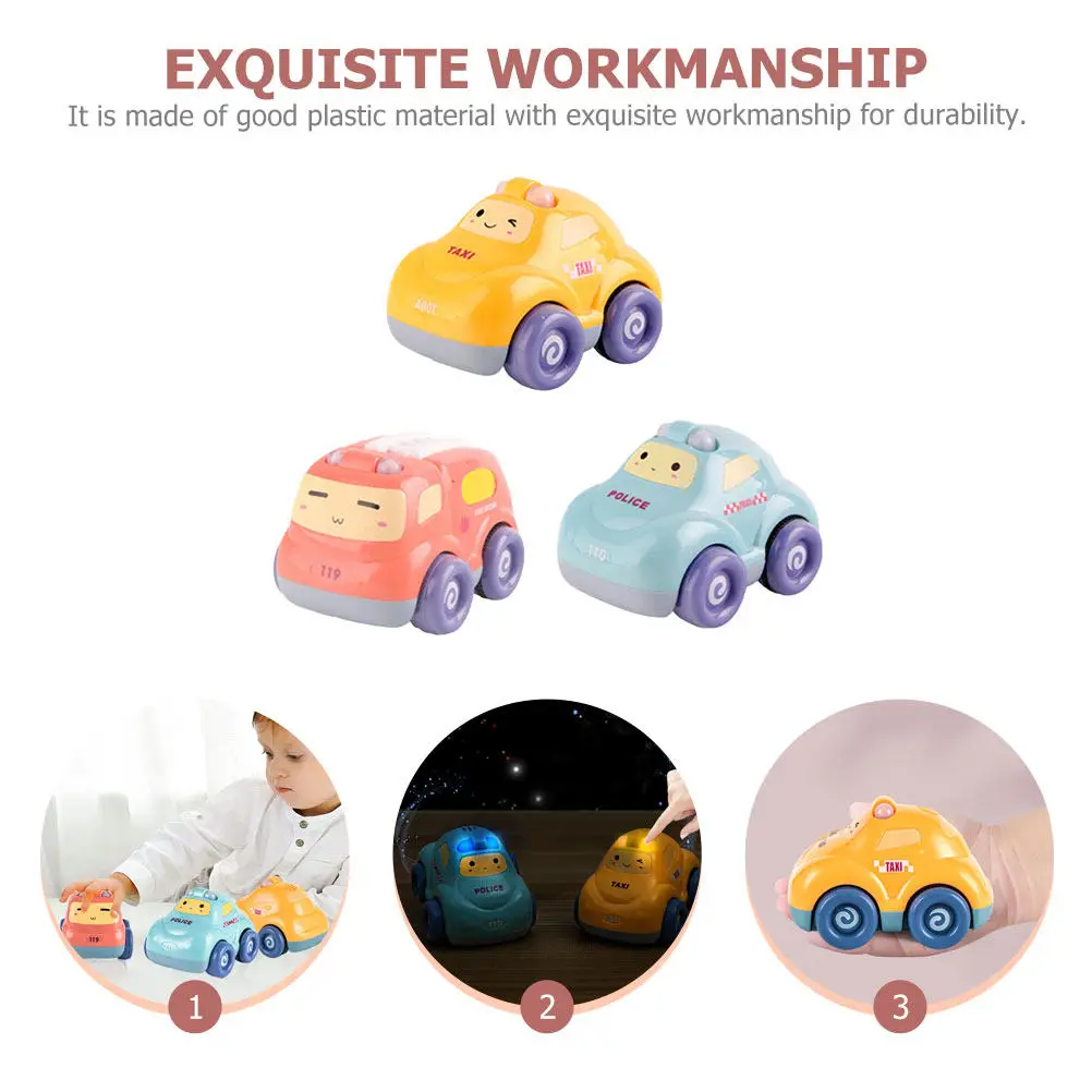 3Pcs Educational Pull Back Car for Toddlers Sound Light Inertial Vehicle Cartoon Design Enhances Knowledge of Friction Inertia