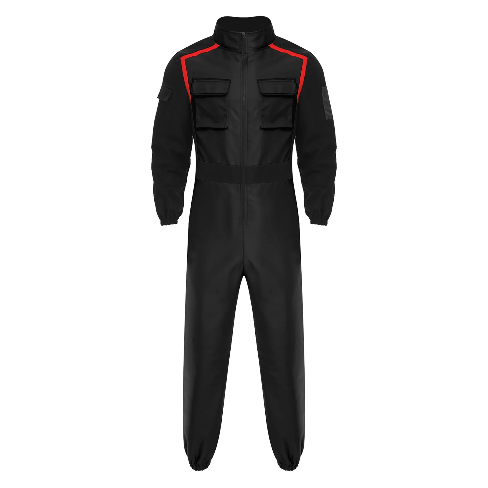 

Mens Racing Driver Fireman Cosplay Rompers Stand Collar Front Zip Long Sleeve Long Pants Pockets Jumpsuit for Halloween Party