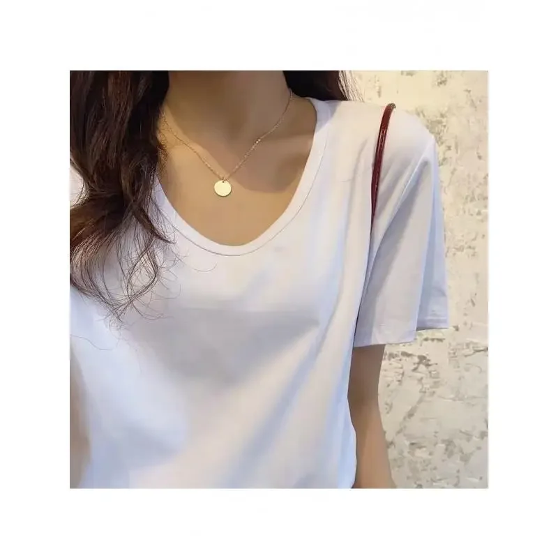 Casual Loose-Fit Slimming White T-Shirt Women's Short Sleeves Summer Fashionable Large Neckline U-Neck Top INS Trendy