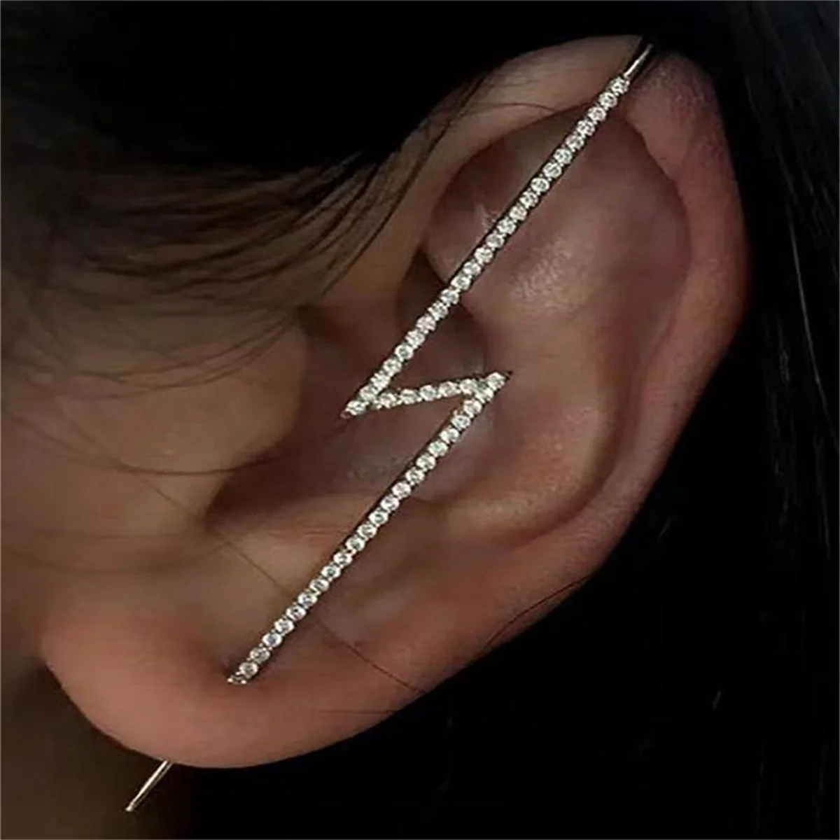 1PC Trendy Punk Shiny Rhinestone Lightning Stud Earrings For Women Ear Hooks Long Needle Piercing Climber Earrings Party Jewelry
