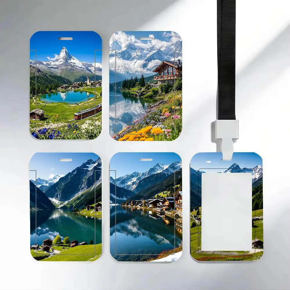 Swiss Alps Clear ID Card Holder Lanyard Neck Strap Badge Case Door Credit Card Protector Daily Gift