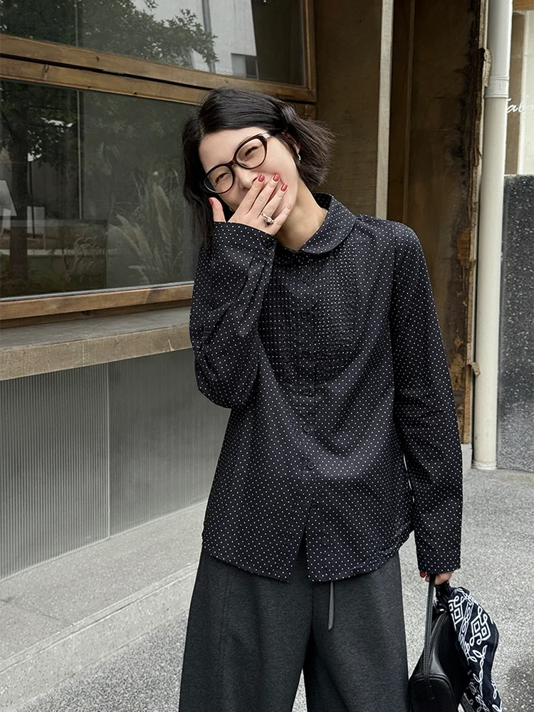 

Vintage Polka Dot Pure Cotton Long Sve irt Stand Collar Base Layer Top Women's Loose Fit Regular Thin Autumn irt