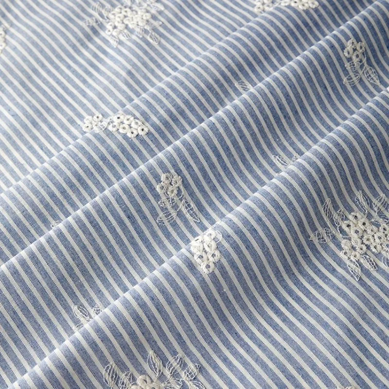 Light Blue Striped Embroidered Cotton Fabric Vintage Dress Spring and Summer Thin Shirt Children's Clothing DIY Fabric