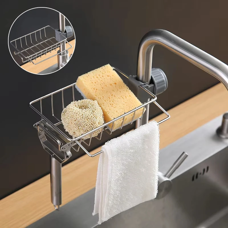

Kitchen Faucet Stainless Steel Storage Rack, Kitchen Household Non-Perforating Rag Sponge Brush, Sink Draining Storage Rack