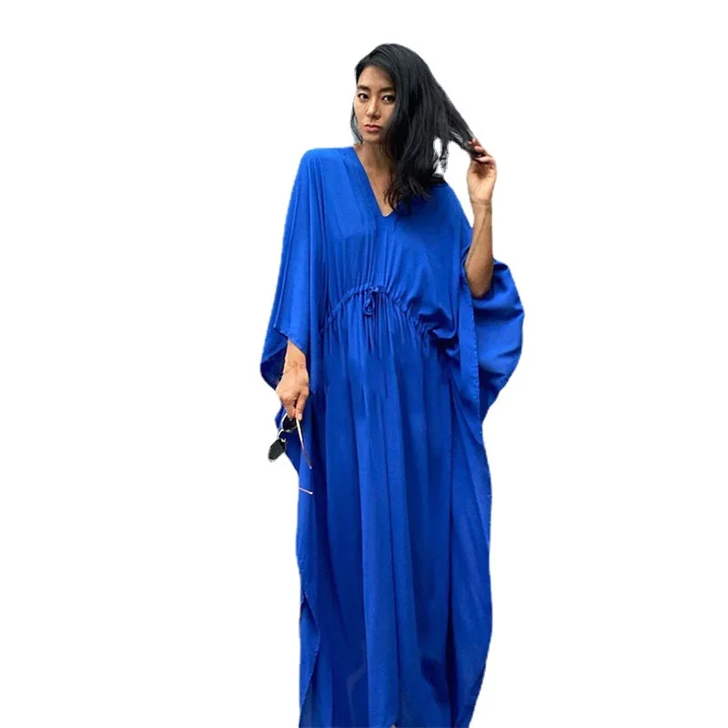Loose Solid Drawstring waist Bikini Cover-ups Tunic Sexy V-neck Butterfly Sleeve Summer Beach Wear Maxi Dress Swimsuit Cover Up