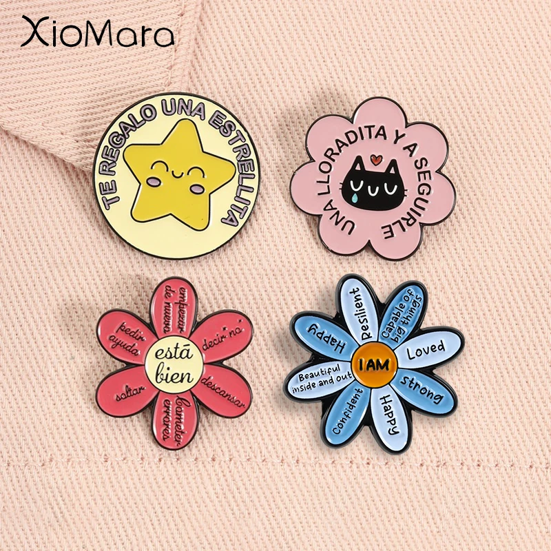 Motivational Spanish Quote Enamel Pins Flower Healing Phrases Está Bien Saltar Mental Health Brooches Lapel Badge Jewelry Gifts