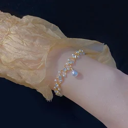 2022 New Sweet Romantic Pearl Rhinestone Crossed Gold Colour Bracelet Set Accessories For Womans Party Korean Fashion Jewelry