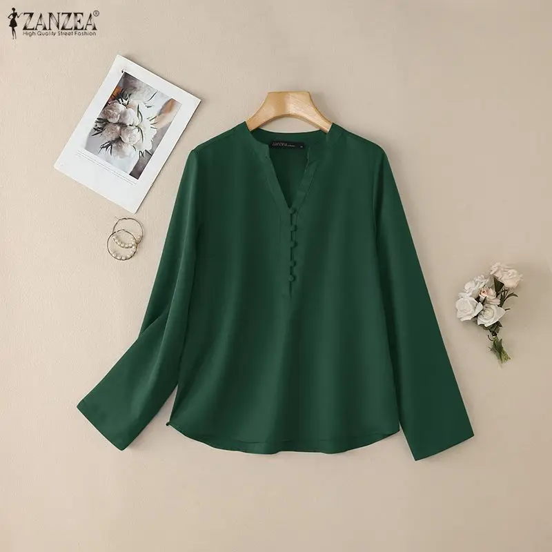 

2026 ZANZEA Autumn Spring Women Blouse V Neck Long Sleeve Tops Female OL Work Shirt Loose Chemise Casual Solid Buttons Up Blusas