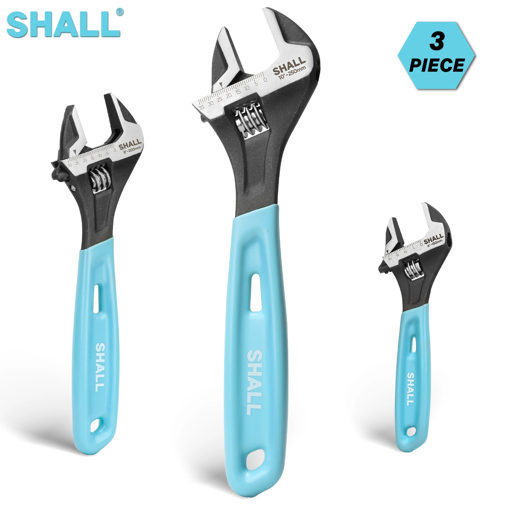 SHALL 3PCS Adjustable Wrench Set 150/200/250mm Cr-V Steel Wrench Black Oxide Wrench kit for Home Garage Workshop DIY