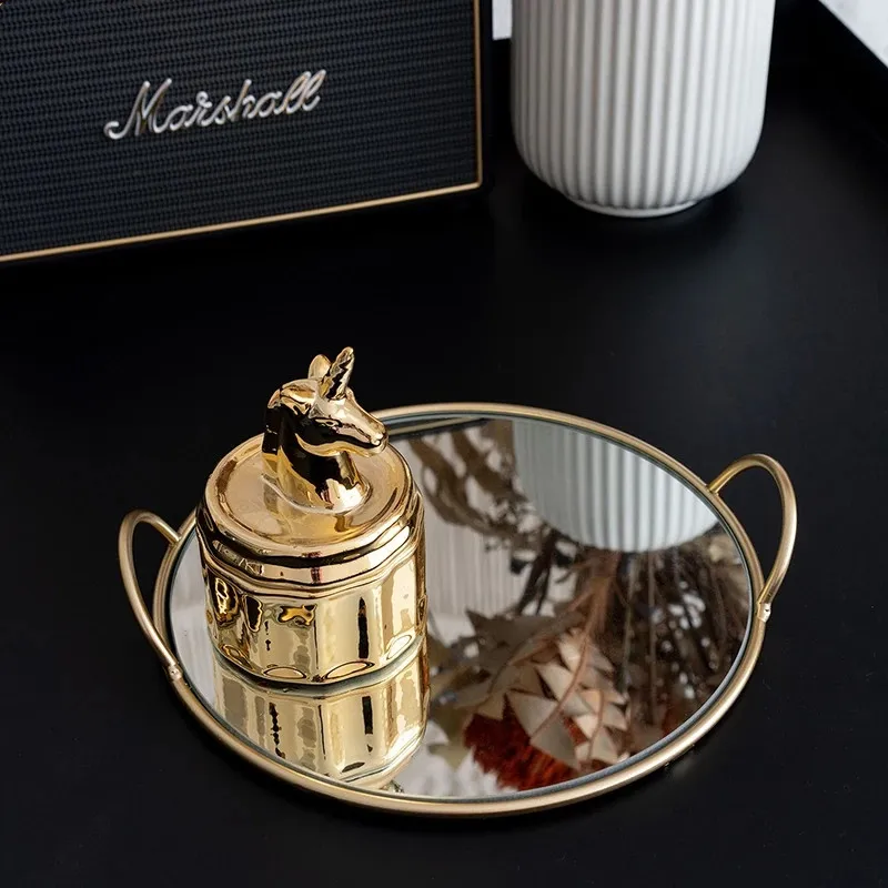 NEW Brass Handle Storage Tray Mirror Soft Glass Gourmet Photo Plate Living Room Decorations Crafts Gift Home Decoration