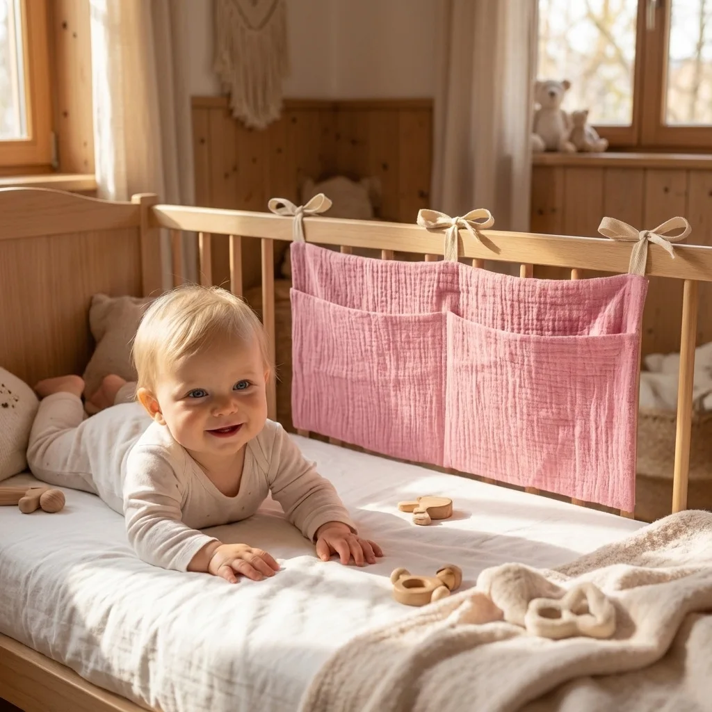New Double-Layer Pure Cotton Children's Storage Bag, Solid Color Double-Layer Pocket, Baby Crib Hanging Bag, Baby Supplies