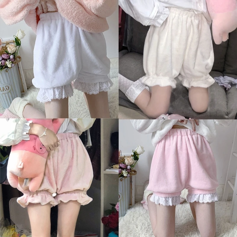 Women Plush Velvet Lolita Bloomers Ruffle Bow Loose Pumpkin Pants Thermal Shorts