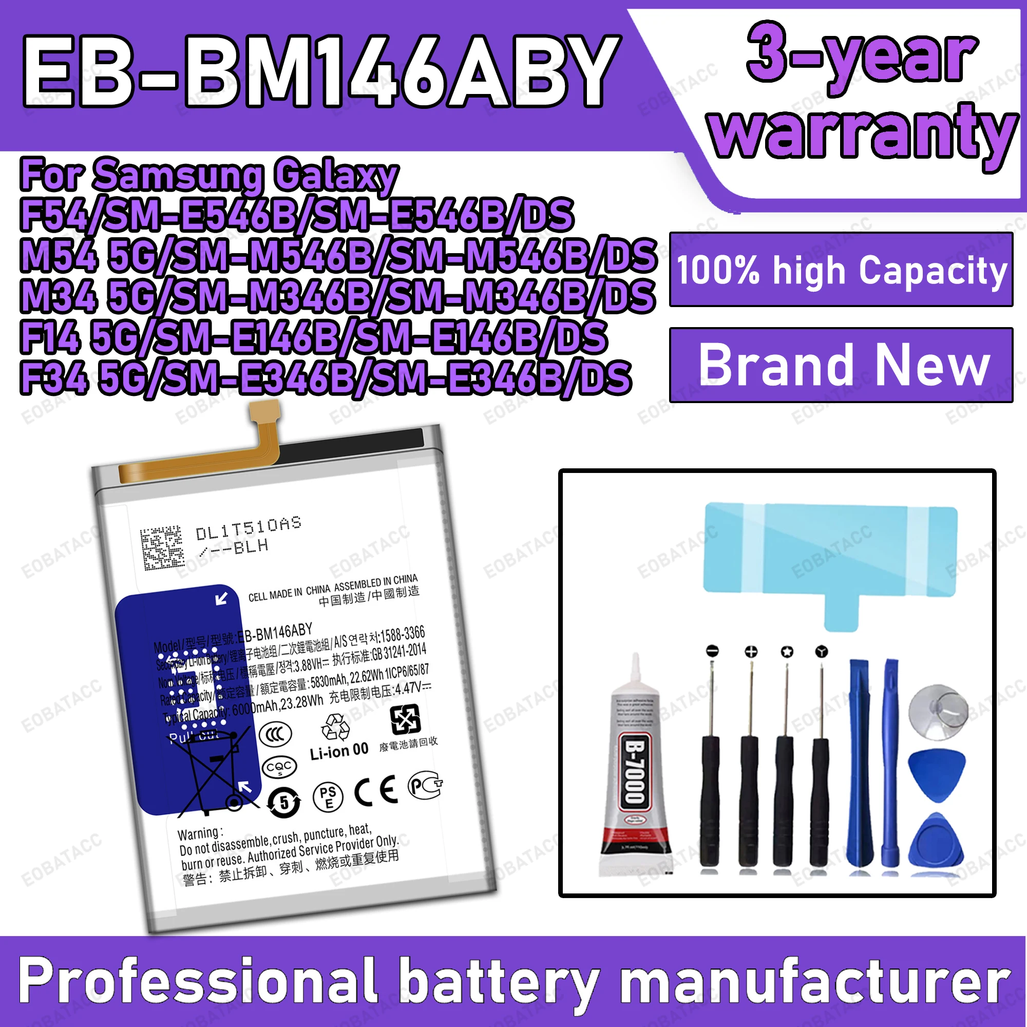 

100% New Zero Cycle EB-BM146ABY Battery For Samsung Galaxy F54/M54 5G/M34 5G/F14 5G/F34 5G Phone Replacement Battery+Free Tools