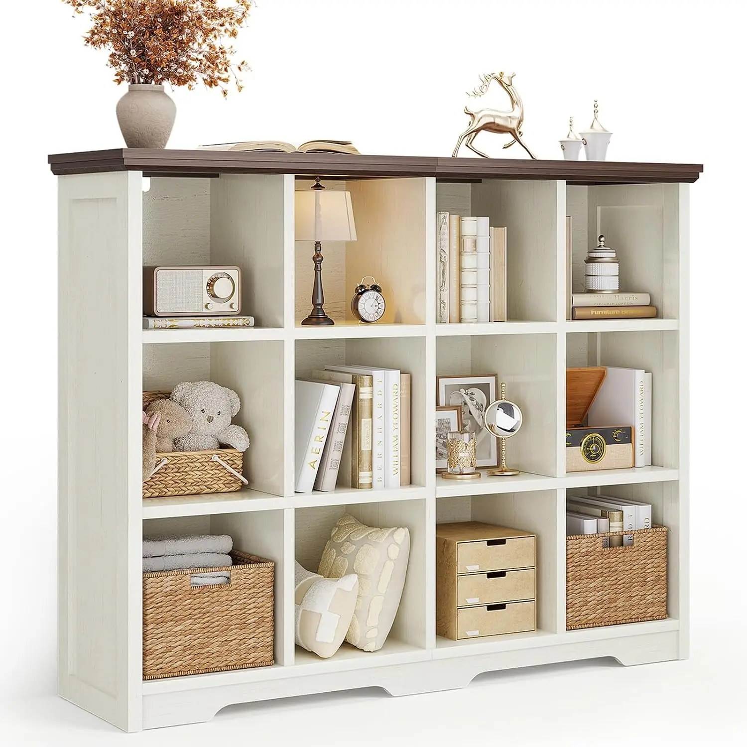 8 Cube Organizer Bookcase, Cube Shelf with Storage, Walnut + White