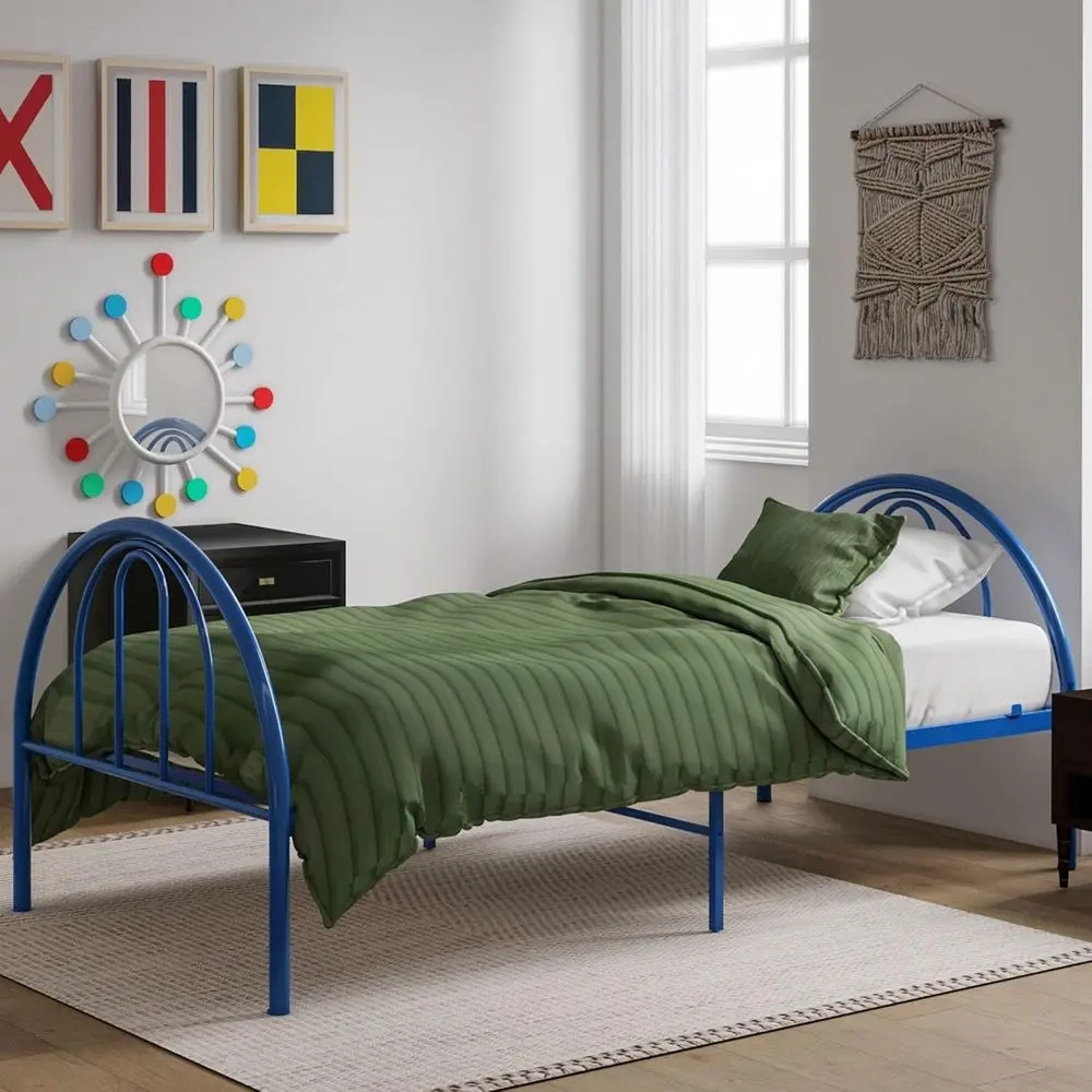 

Twin Size Steel Rounded Kids Bed, 300 lb Capacity, Blue - No Box Spring Needed