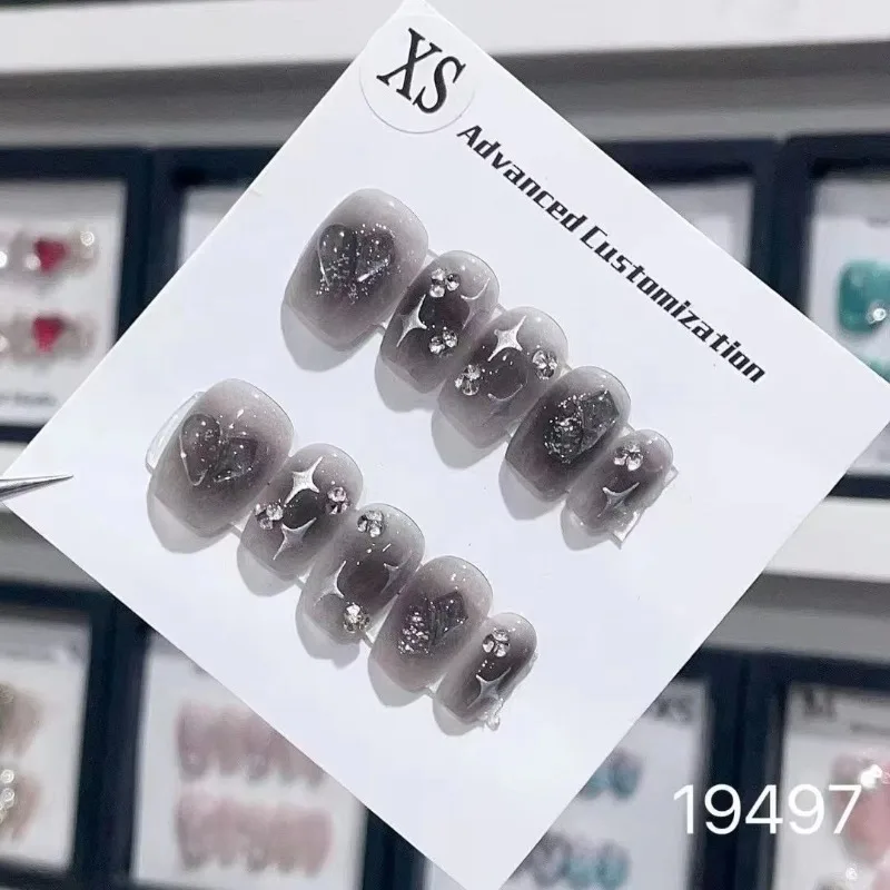 10Pcs/set Handmade Press on Nails Head Design Fake Nails with Design Artificial Wearable Short Black Nail Tips High Quality 2026