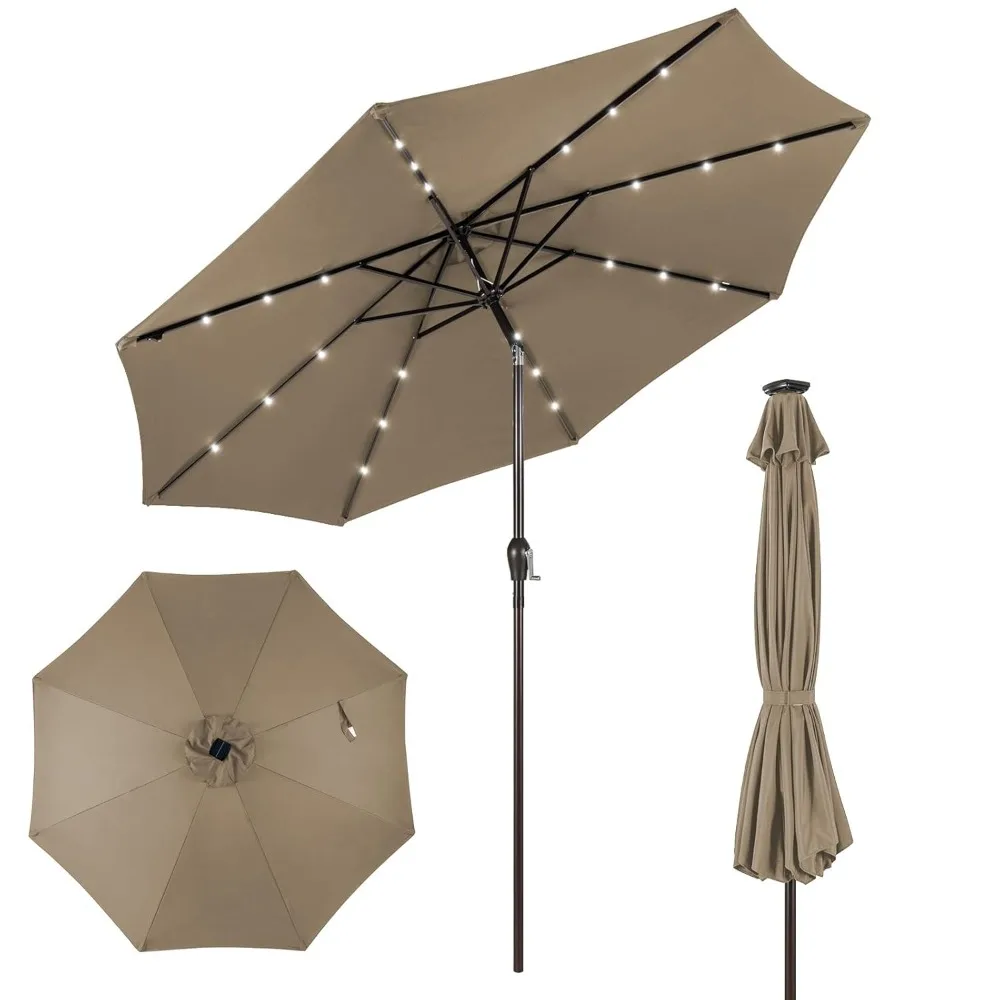 

9ft/10ft Outdoor Patio Umbrella with Solar Lights, Table Market Umbrella with Crank and Push-button Tilt System, Customized