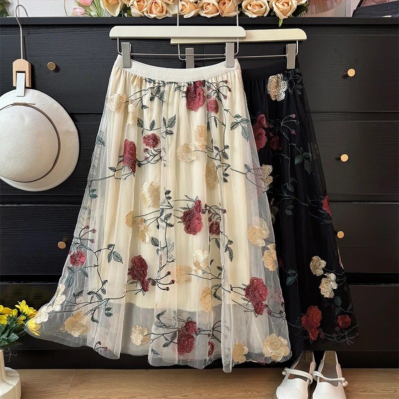 

Spring Mesh Skirt Vintage Embroidered Flower Big Hem Contrast Skirts Elastic High Waist A Line Versatile Women Clothing