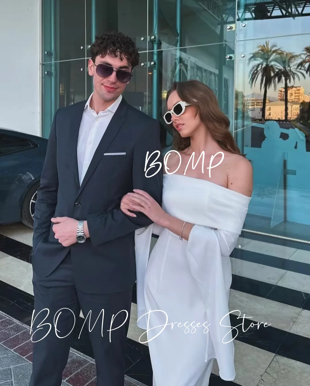 BOMP Elegant Off Shouler Evening Dresses White Chiffon Full Sleeves Mermaid Saudi Arabic Formal Occasion Party Dress Customized