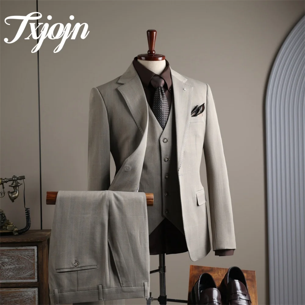 

Elegant Plaid Men Suit 3PCS For Wedding Handsome Men's Evening Suit Set 2025 Classic Notched Lapel Men Suit Formal Slim Suit