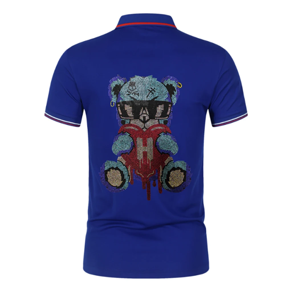 Designer Men Polo Shirt Cartoon Bear Rhinestones Trend Male Lapel Half Sleeve Tees Luxury Brand Heavy Craftsmanship Man Clothing