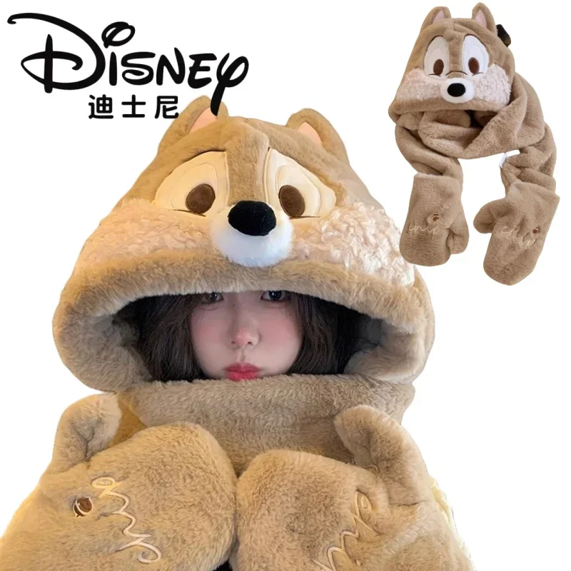 Disney Plush Hat, Scarf, Gloves, Cartoon Chip & Dale Winter Warm Three-Piece Set Casual and Fashionable Children's Gifts