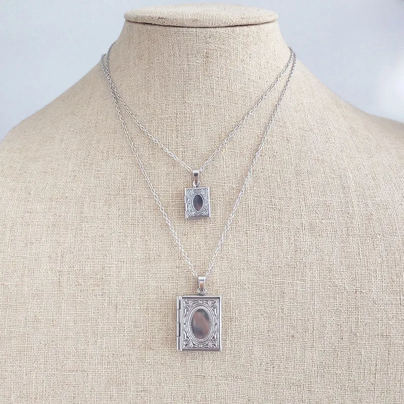 1pc DIY Tiny Medium Book Locket Stainless Steel Charms Square Photo Frame Pendant Necklace Women Girls Family Memorial Jewelry